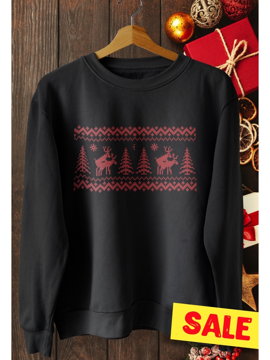картинка Свитшот черный белый олень новогодний с приколом с принтом в подарок новый год оверсайз спорт мем от магазина Одежда+